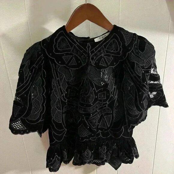 Tops - Eliana Embroidered Velvet Short Sleeve Blouse Top Black XS